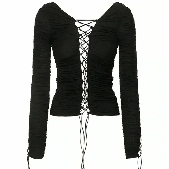 NWOT - INTERIOR NYC Kit Ruched Lace-Up Top Black Size Small - Picture 10 of 10